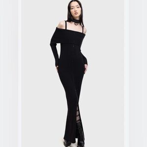 NovaLuxe Serenity black off shoulder ribbed maxi sweater dress size medium NWT